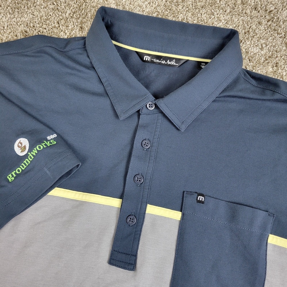 Travis Mathew Mens 2XL Navy Gray Colorblock Performance Stretch Golf Polo SS